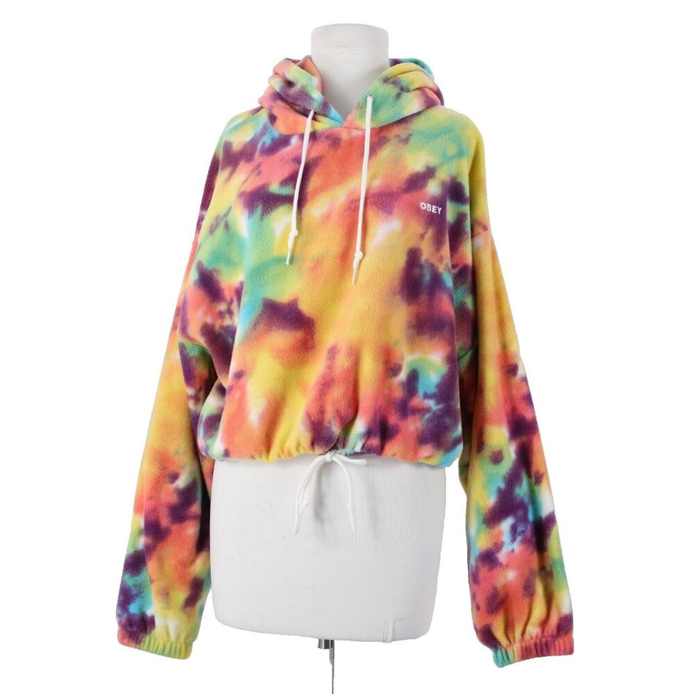 Obey Sz M Multi Color Tie Dye Hooded Crop Pull Over 100% Polyester Sweater